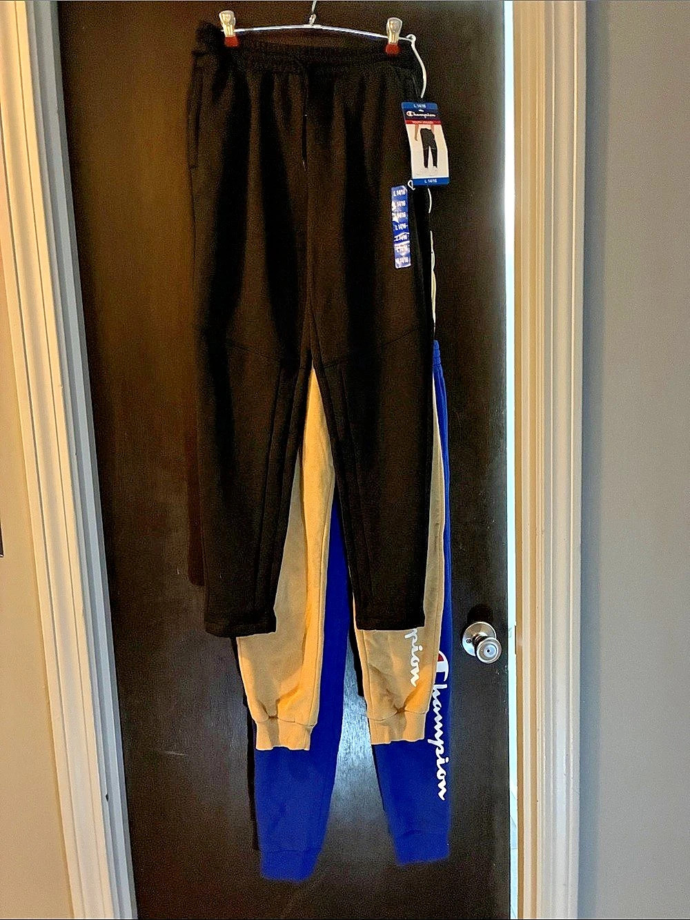 Champion Boys Script Logo Fleece Jogger Pants Blue & Black & yellow Large